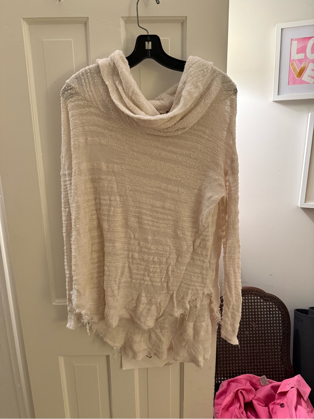 Free People Cream Cowl Neck Lightweight Hooded Sweater